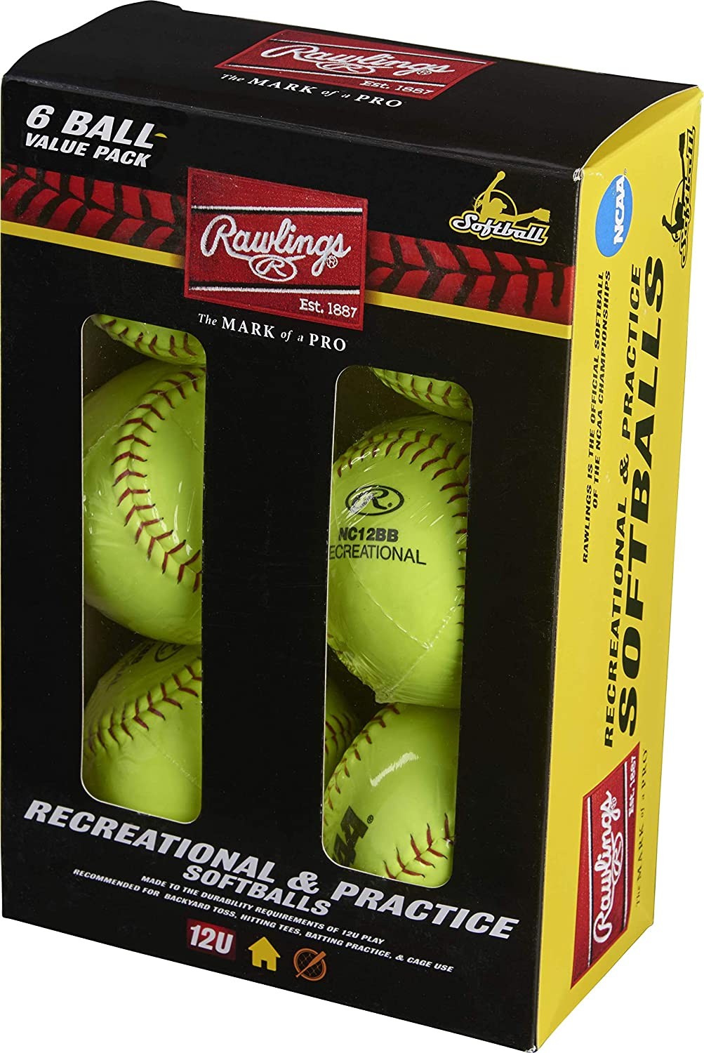RAWLINGS NC12BB Caja 6 de  12 Pulgadas NCAA Marca recreativa Fast Pitch Softball