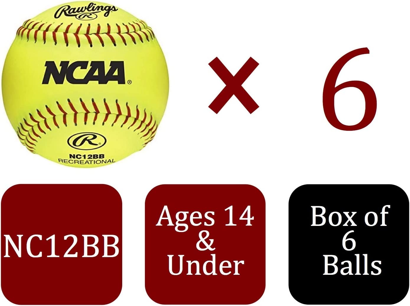 RAWLINGS NC12BB Caja 6 de  12 Pulgadas NCAA Marca recreativa Fast Pitch Softball