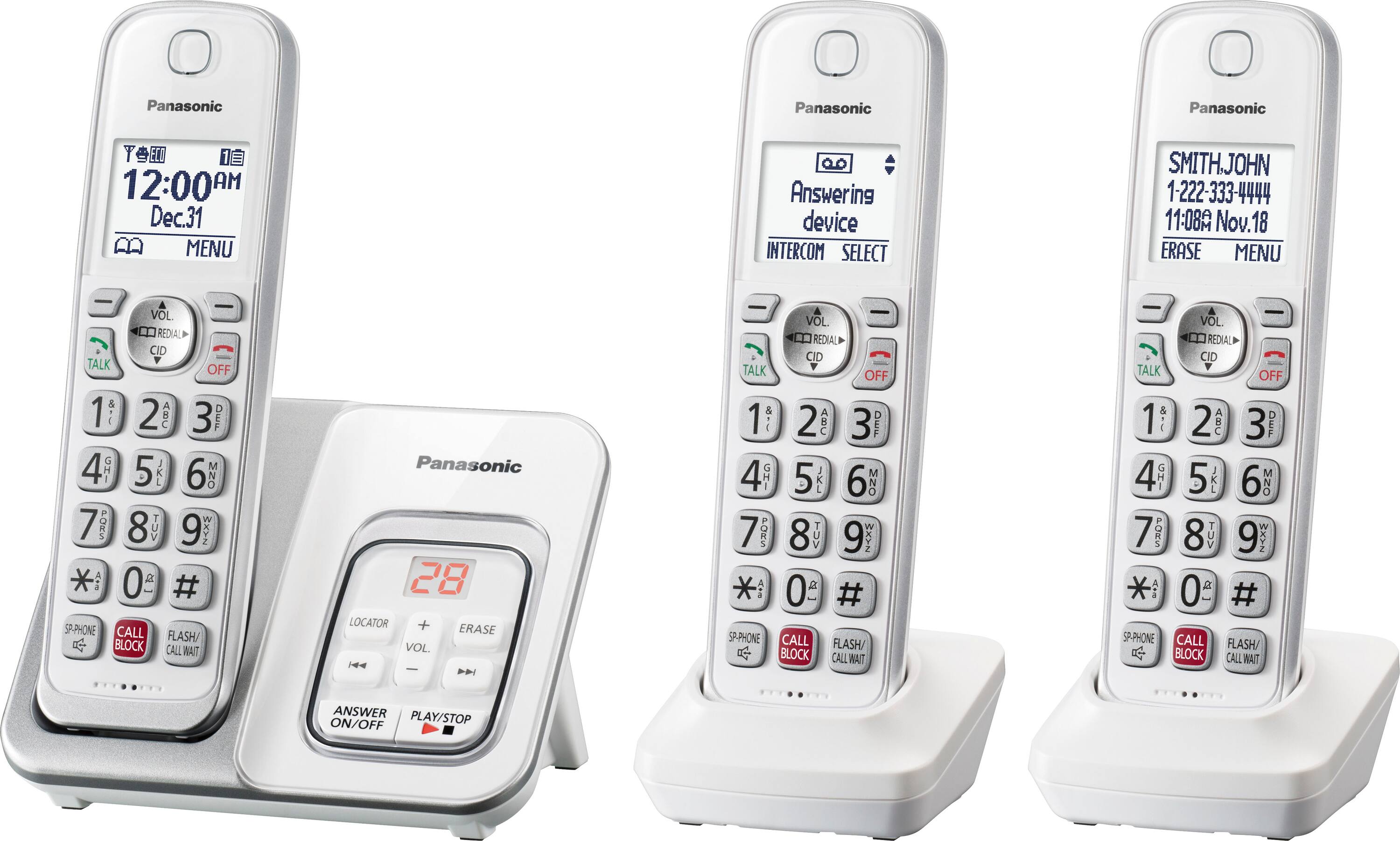 Panasonic KX‑TGD833W DECT 6.0 con contestadora y 3 handsets – Blanco